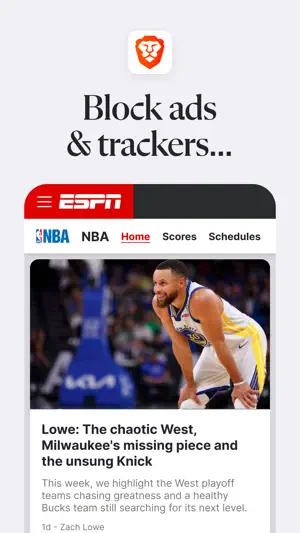 Mobile ESPN NBA news page under the headline Block ads and trackers