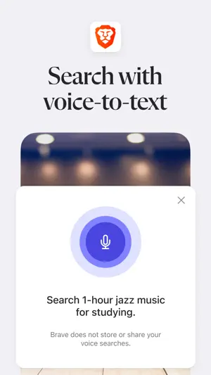 Voice search card with a microphone button and the sample query Search 1-hour jazz music for studying