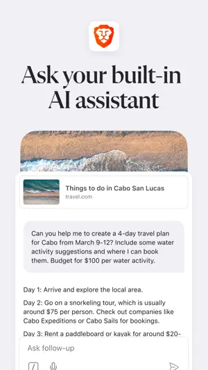 Leo chat answering a request for a four-day Cabo San Lucas travel plan with Day 1 and Day 2 steps and a follow-up box