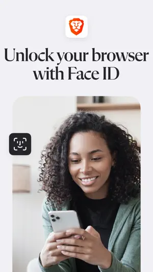 Woman smiling at her phone under the headline Unlock your browser with Face ID beside a Face ID icon
