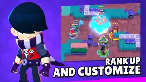 Rank Up and Customize promo showing a rocky arena where brawlers battle around a glowing energy zone