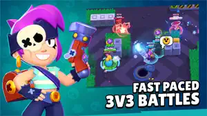 Fast Paced 3v3 Battles promo with a bushy map, health bars, an aim ring and emote bubble