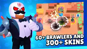 60+ Brawlers and 300+ Skins promo pairing a tuxedoed masked brawler with an explosion-filled desert map