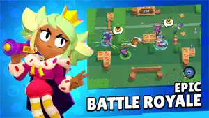 Epic Battle Royale promo showing a grassy crate-strewn map with a match timer and joystick dial