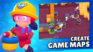 Create Game Maps promo pairing a hard-hatted builder brawler with a custom arena of barrels and hay