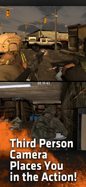 Third-person view over an operator's shoulder on a snowy street, captioned third person camera places you in the action