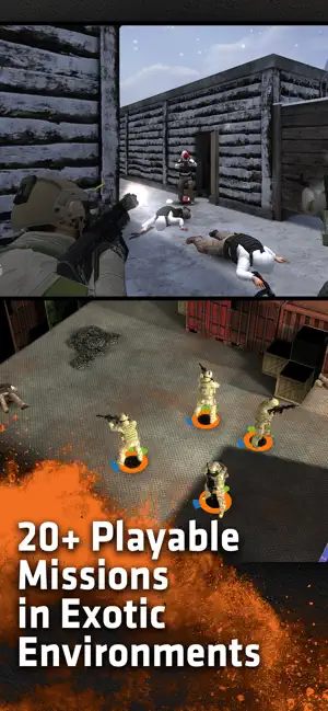 An operator's aim down a corridor and a top-down view of a squad in a warehouse, captioned 20+ playable missions