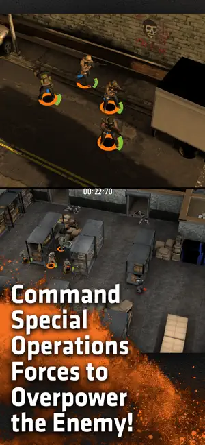 Four operators stacked in a warehouse with a mission timer, captioned command Special Operations forces