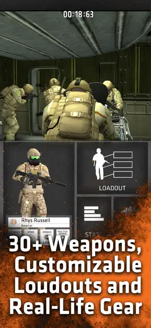 A squad photo and a loadout screen for operator Rhys Russell, captioned 30+ weapons, customizable loadouts