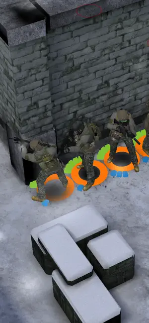 A top-down snowy compound with four operators marked in orange and green