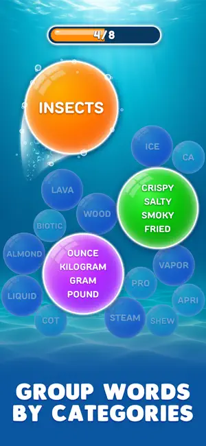 Board at 4 of 8 categories with an orange INSECTS bubble, a green CRISPY SALTY SMOKY FRIED set and a purple set of weight units