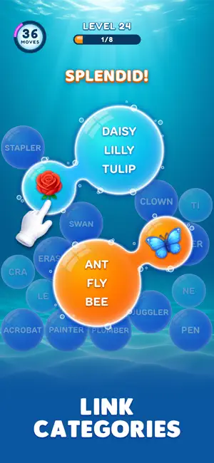 Level 24 with 36 moves left, a rose picture joining DAISY LILLY TULIP and a butterfly joining ANT FLY BEE