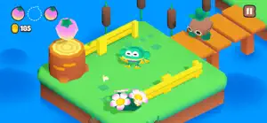 Bufo the frog on a floating grass island beside a wooden dock over a blue pond