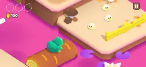 The frog hopping onto a log on a pink-and-orange stage with a mole below