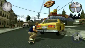 Jimmy skateboarding down a Bullworth street past a yellow taxi with the mini-map on screen