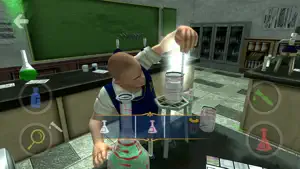 Chemistry class mini-game with Jimmy pouring a flask at a lab bench