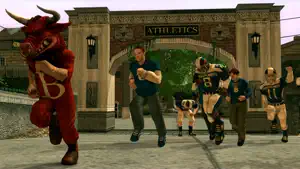 The Bullworth mascot in a bull costume charging through the Athletics gate with jocks behind