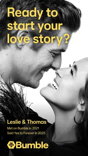 Black-and-white photo of couple Leslie and Thomas under the headline "Ready to start your love story?", noting they met on Bumble in 2021