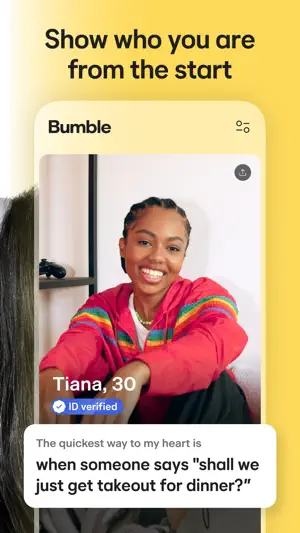 Profile card for Tiana, 30, with an ID verified badge and a "The quickest way to my heart is" prompt answered with a takeout line