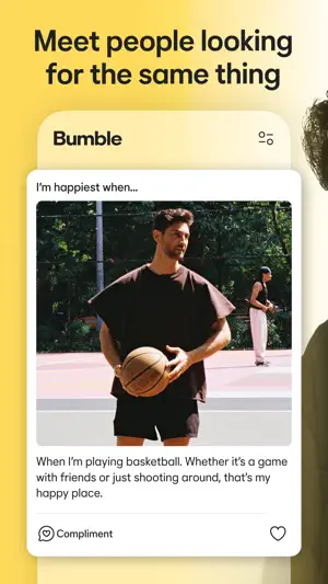 "I'm happiest when..." prompt card with a man holding a basketball on an outdoor court, plus Compliment and like buttons