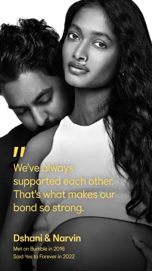 Black-and-white photo of couple Dshani and Narvin with a quote about supporting each other, noting they met on Bumble in 2016