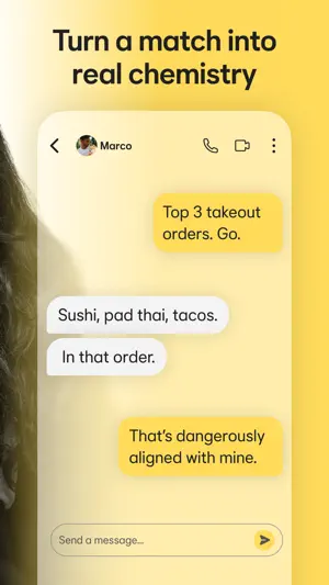 Chat with a match named Marco trading top three takeout orders, with voice and video call icons in the header