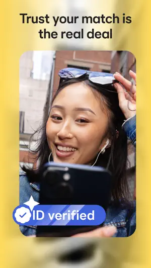 Woman holding a phone with an ID verified badge overlaid, under the headline "Trust your match is the real deal"
