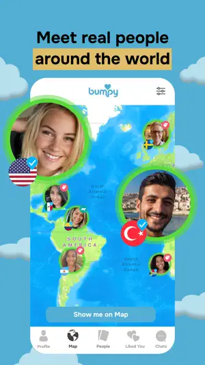 Map tab with verified profile pins and flag badges across the Americas, plus a Show me on Map button