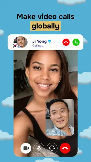 Video call screen with a Calling banner from verified user Ji Yong above camera, mute and flip controls