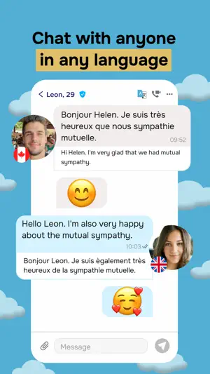Chat with Leon, 29, where a French message and an English reply each show an automatic translation underneath