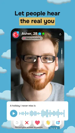 Profile card for Asher, 28, with a Find a relationship tag and a recorded voice answer to a holiday prompt