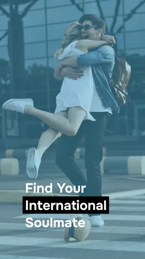 Closing promo frame repeating Find Your International Soulmate over a couple embracing on a city crosswalk