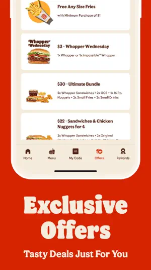 BK app Offers tab listing free any-size fries with a $1 minimum purchase, a $3 Whopper Wednesday deal, a $30 Ultimate Bundle and a $22 meal for four