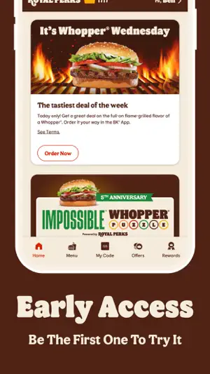 BK app home screen with a Whopper Wednesday banner and Order Now button above an Impossible Whopper Puzzle 5th anniversary promo, captioned Early Access