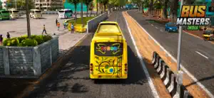 A yellow city bus with a painted rear on a market lane between palms and shops