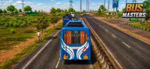 A blue express bus on a highway beside fields and power lines