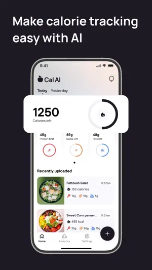 Cal AI home tab with a 1250 calories-left ring, protein, carbs and fats rings, and a list of recently uploaded meals