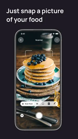 Camera scanner pointed at a stack of blueberry pancakes, with a Scan food mode bar along the bottom