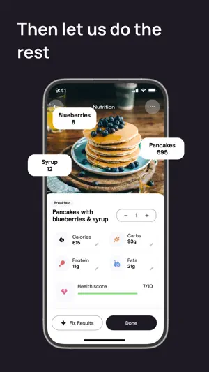 Nutrition result for pancakes with blueberries and syrup showing 615 calories, macros, a 7/10 health score and a Fix Results button