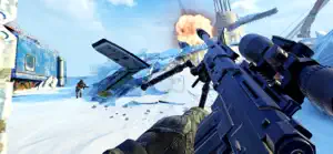 First-person sniper rifle aimed across a snowy map past a crashed plane