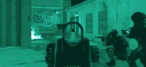 Night-vision view of a soldier aiming at enemies down a narrow street