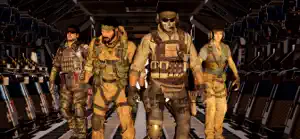 A four-soldier squad in tactical gear standing inside a transport aircraft
