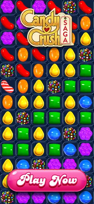 Title logo over a full candy board with a Play Now button