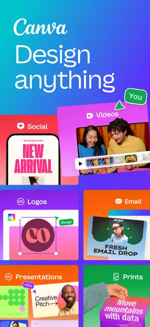 Canva promo collage of design types: social post, video, logo, email, presentation and print