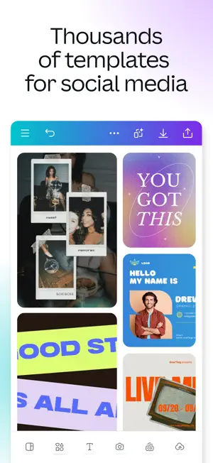 Canva editor grid of social media templates, including a polaroid photo collage and a You Got This quote card