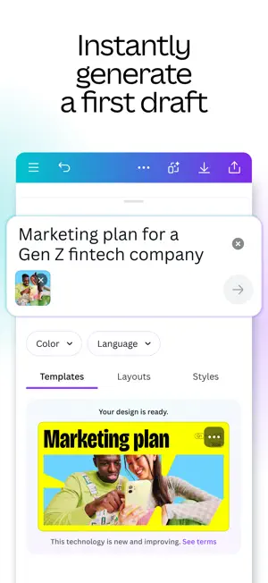 Canva AI prompt box reading Marketing plan for a Gen Z fintech company above a generated first draft