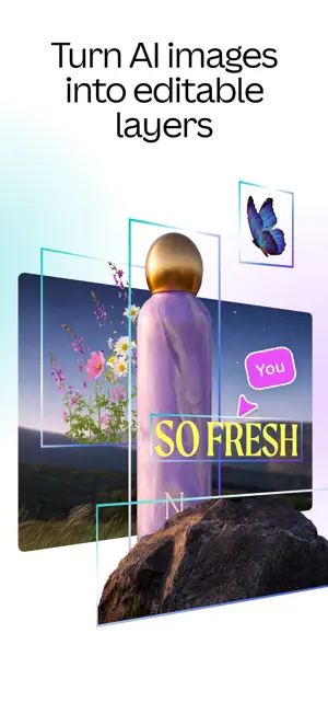 Bottle, flowers, butterfly and So Fresh text split from one AI image onto separate editable layers