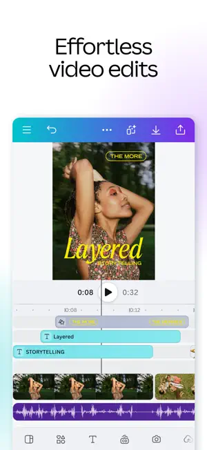 Canva video editor timeline with two text tracks, a 0:32 clip and an audio waveform below the preview