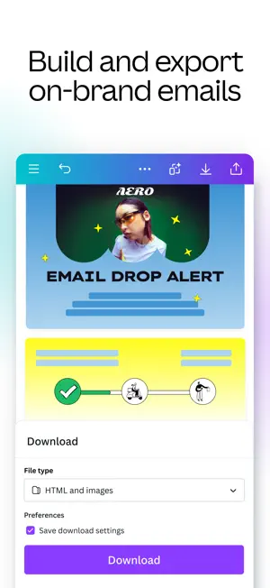 Canva email design with the Download panel open and the file type set to HTML and images