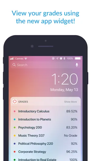 Home screen widget listing course grades as percentages